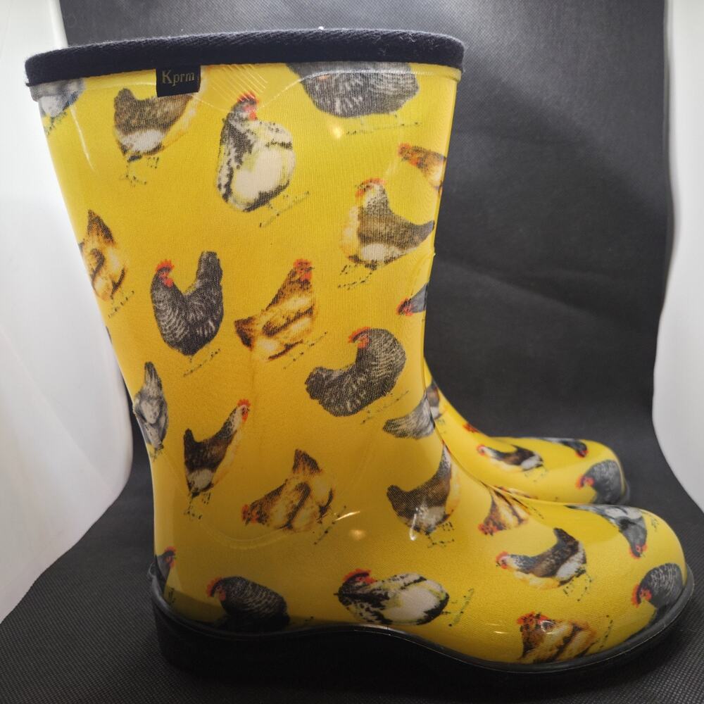 KPRM Yellow Chicken Hens Rain Gardening Boots Size 8 Mid Calf Waterproof - Picture 2 of 9